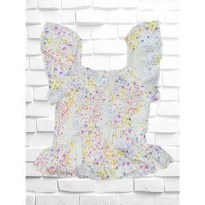 Japna Women’s Juniors Medium Smocked Floral Short Sleeve Square Neck Top • GUC